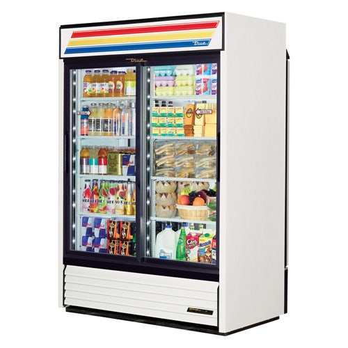 True GDM-47RL-HC-LD Rear Load Refrigerated Merchandiser - Two Glass Door， 47 Cu. Ft.， White