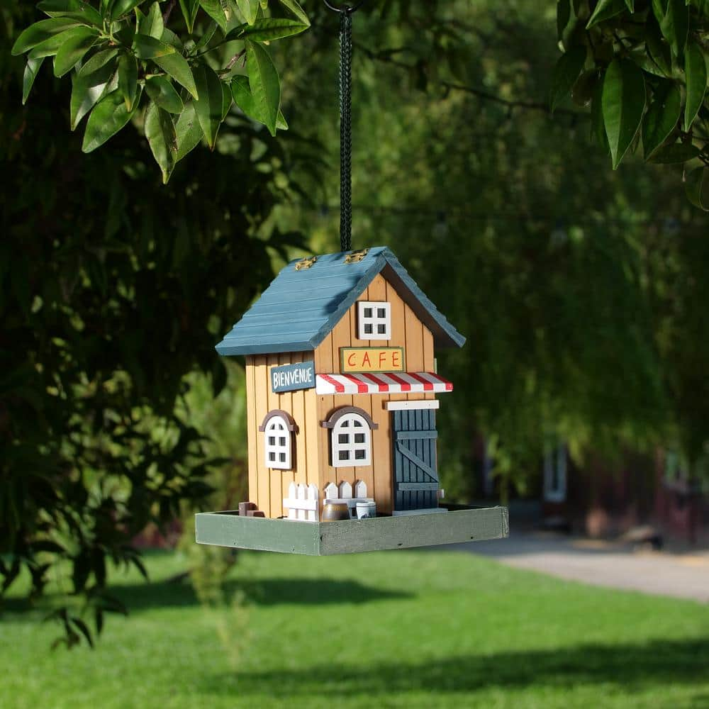 Alpine Corporation 9 in. Tall Outdoor Hanging Colorful Bird Feeder, Cafe ACM106