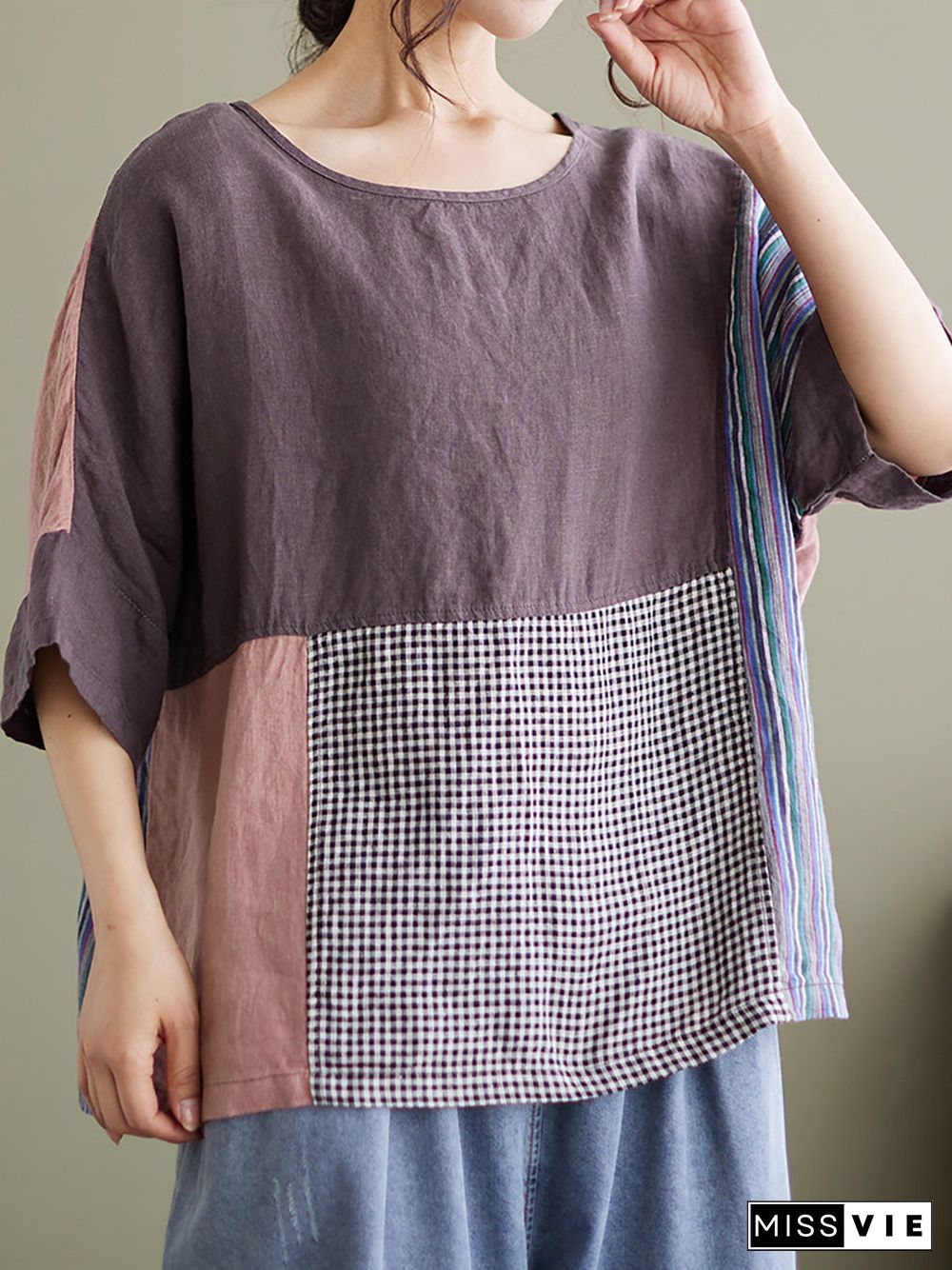 Plus Size Vintage Short Sleeve Women Linen Patchwork Loose T Shirt