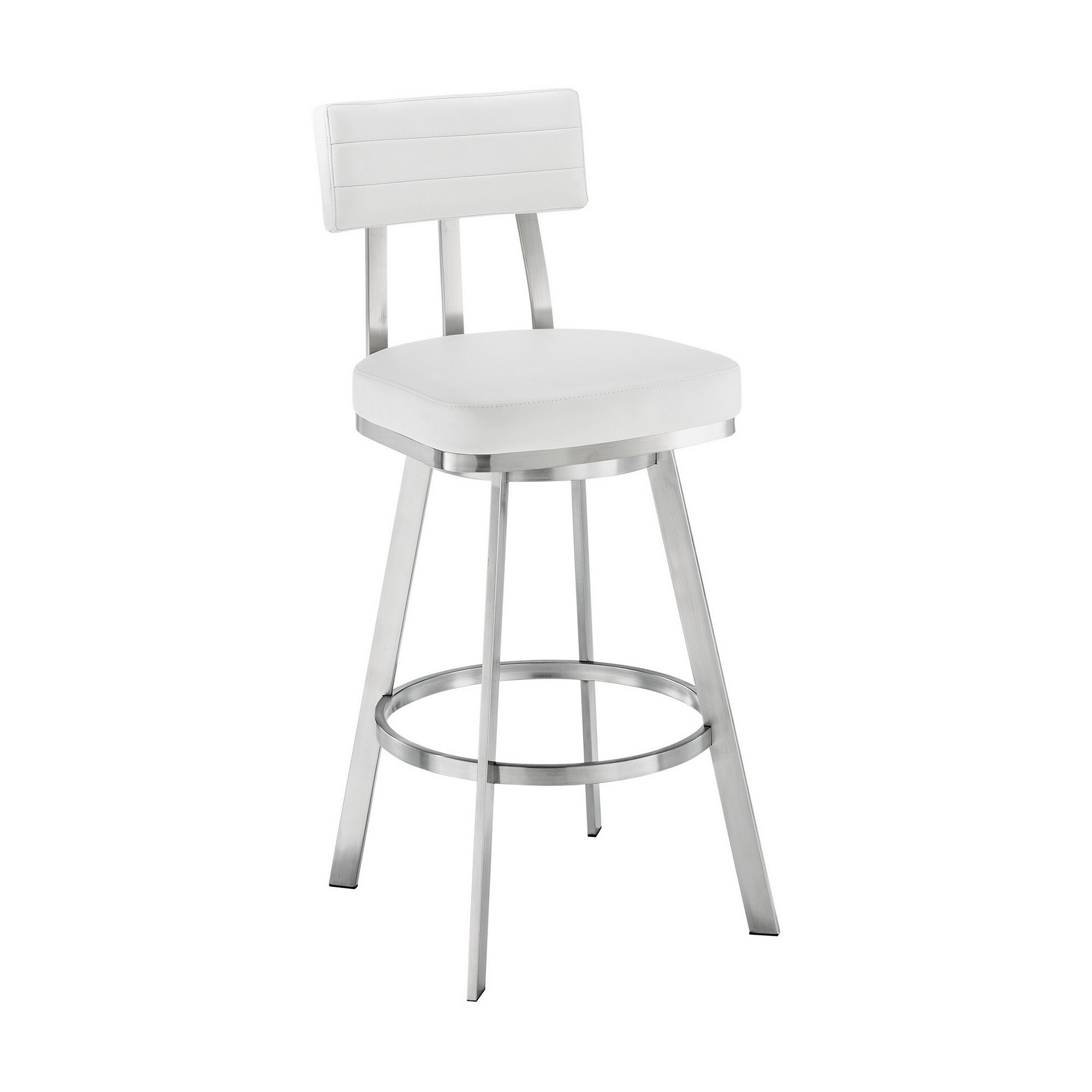 Col 26 Inch Swivel Counter Stool， White Faux Leather， Stainless Steel Frame