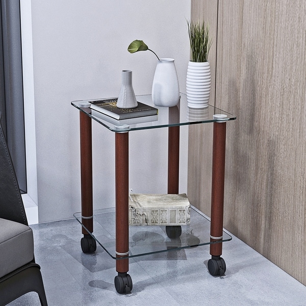 Transparent Walnut Side Table 2-Tier Space End Table with Storage Shelve