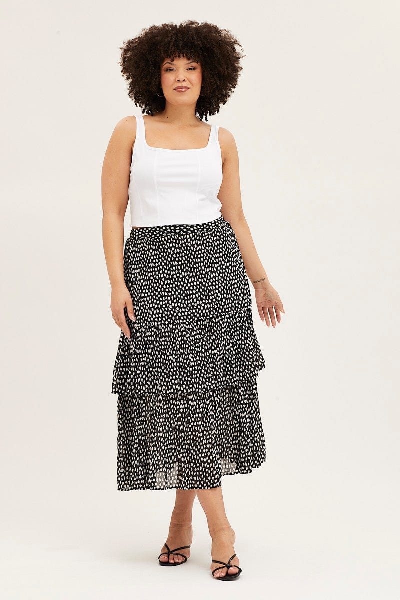 Geo Print Midi Skirt Ruffle Hem