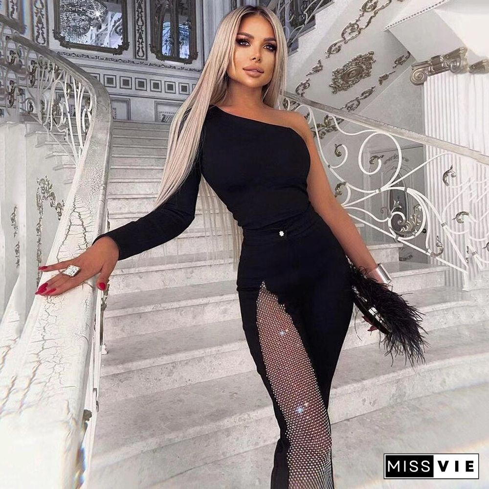 High Quality Women's One Shoulder Long Sleeve Black Bandage Jumpsuit Hollow Diamond Jumpsuit Celebrity Fashion Party Jumpsuit