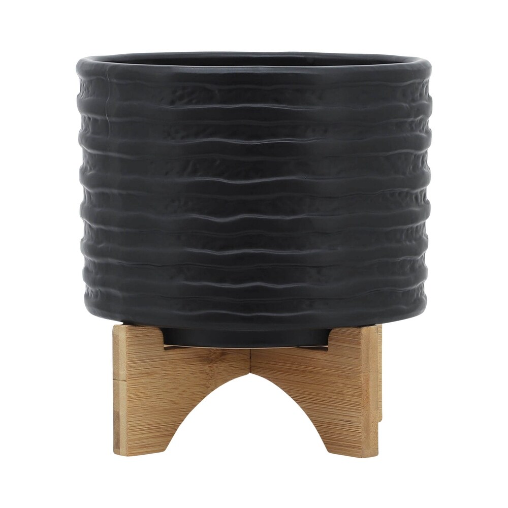 Black Ceramic Handmade Planter with Bamboo Wood Stand   8.0\