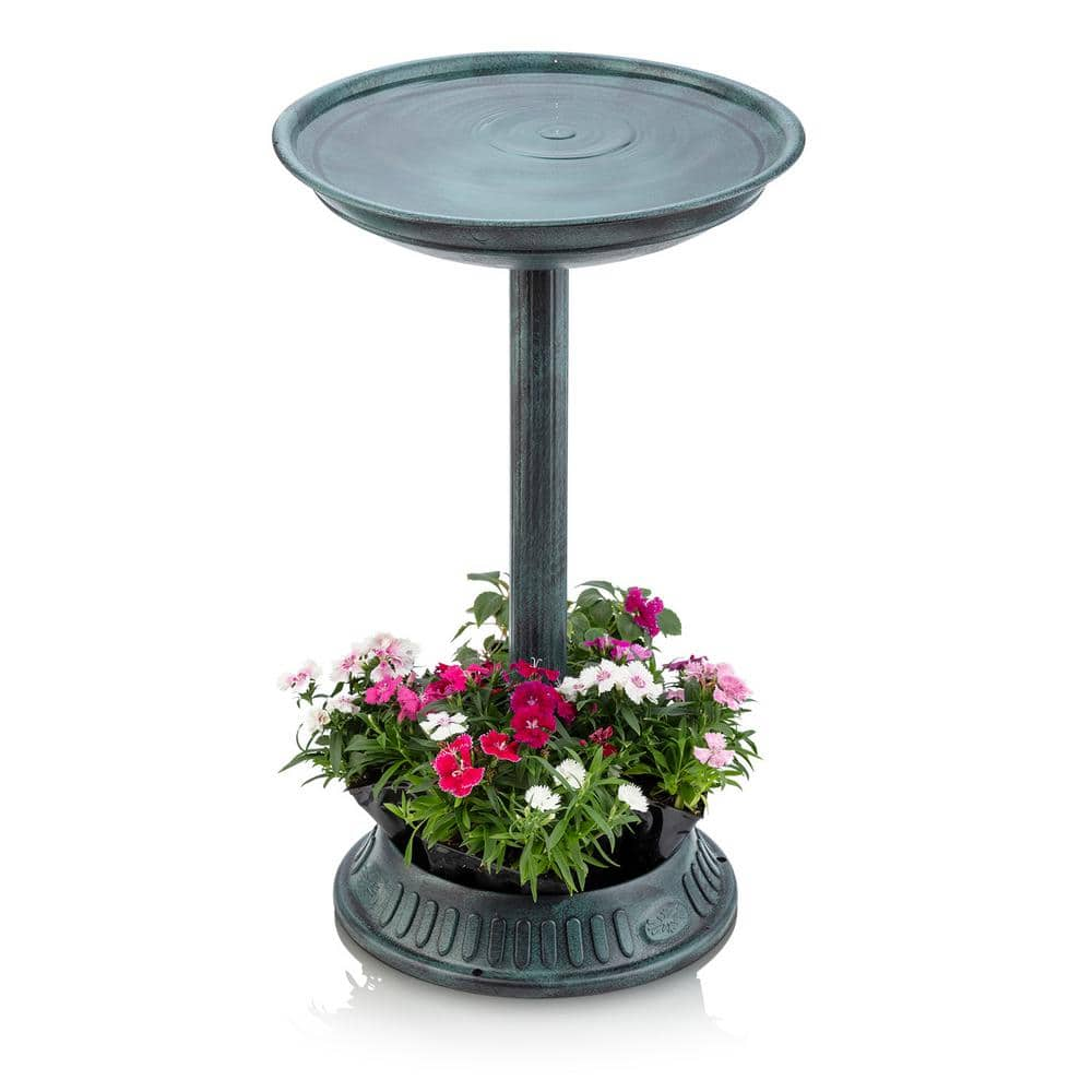 Alpine Corporation 25 in. Tall Outdoor Birdbath with Planter Yard Statue， Green TIZ112