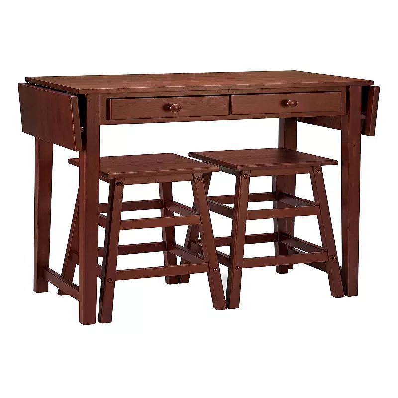 3 Piece Handcrafted Kitchen Island Breakfast Table Set， 2 Drawers， Rubberwood， Stools， Walnut Brown