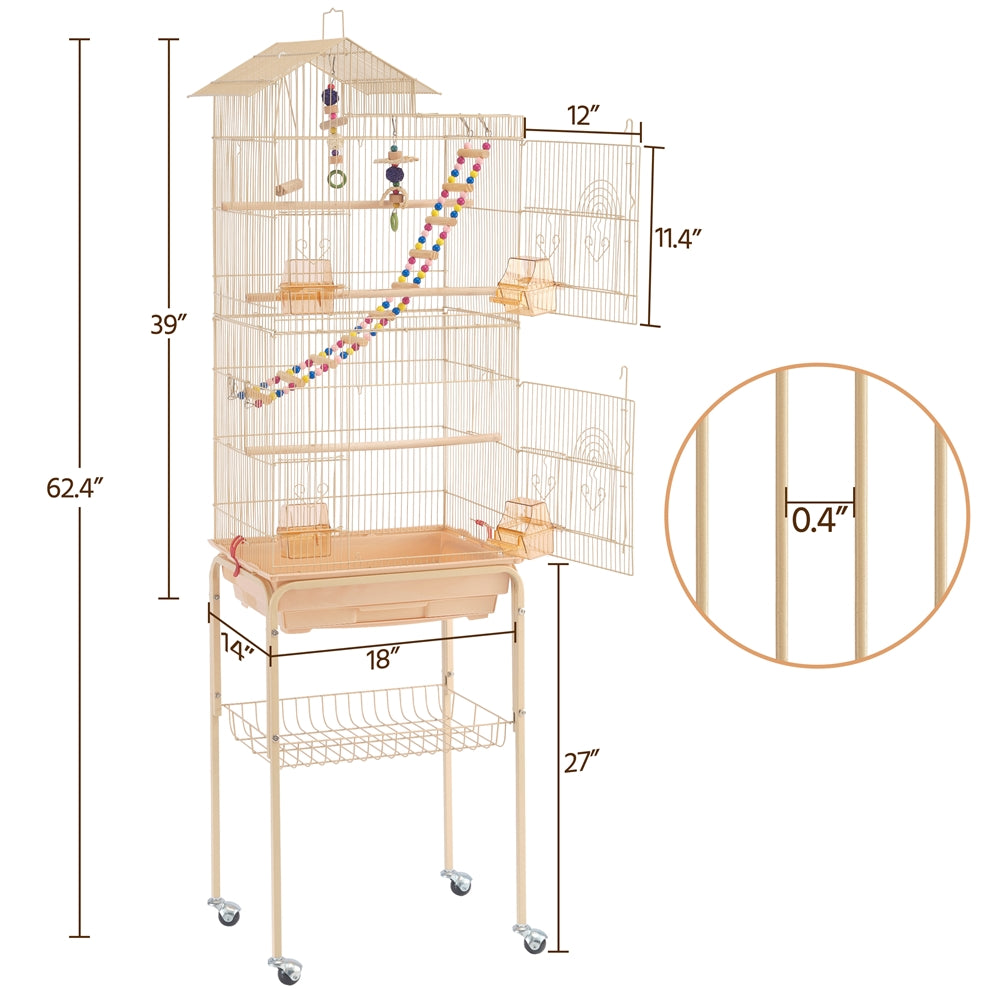 Yaheetech Rolling Metal Bird Cage with Detachable Stand Large Parrot Cage w/ Stand and Toys Budgies Cockatiels Parakeets， Almond