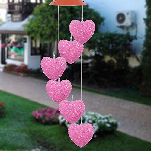 Cocobaby Color-changing LED Solar Powered Pink Heart Wind Chime Light Yard Garden Decor-Pink