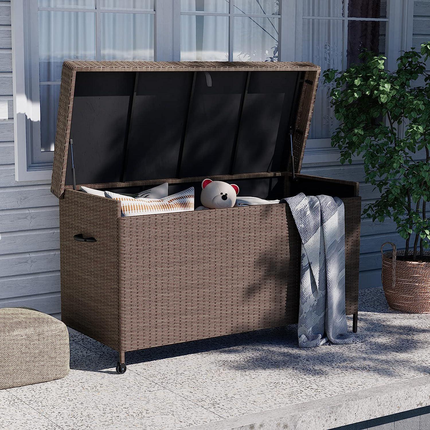 Grand patio 170 Gallon Deck Storage Box Deck Box Outdoor Storage Box Indoor Wicker Storage Bin Patio Storage Box for Patio Furniture Cushions Toys Garden Tools Pool Accessories, Light Brown