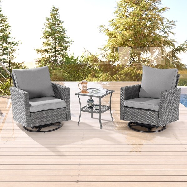 BONOSUKI 3Pcs Patio Swivel Rocking Sofa Set Brown Grey w/Glass Table