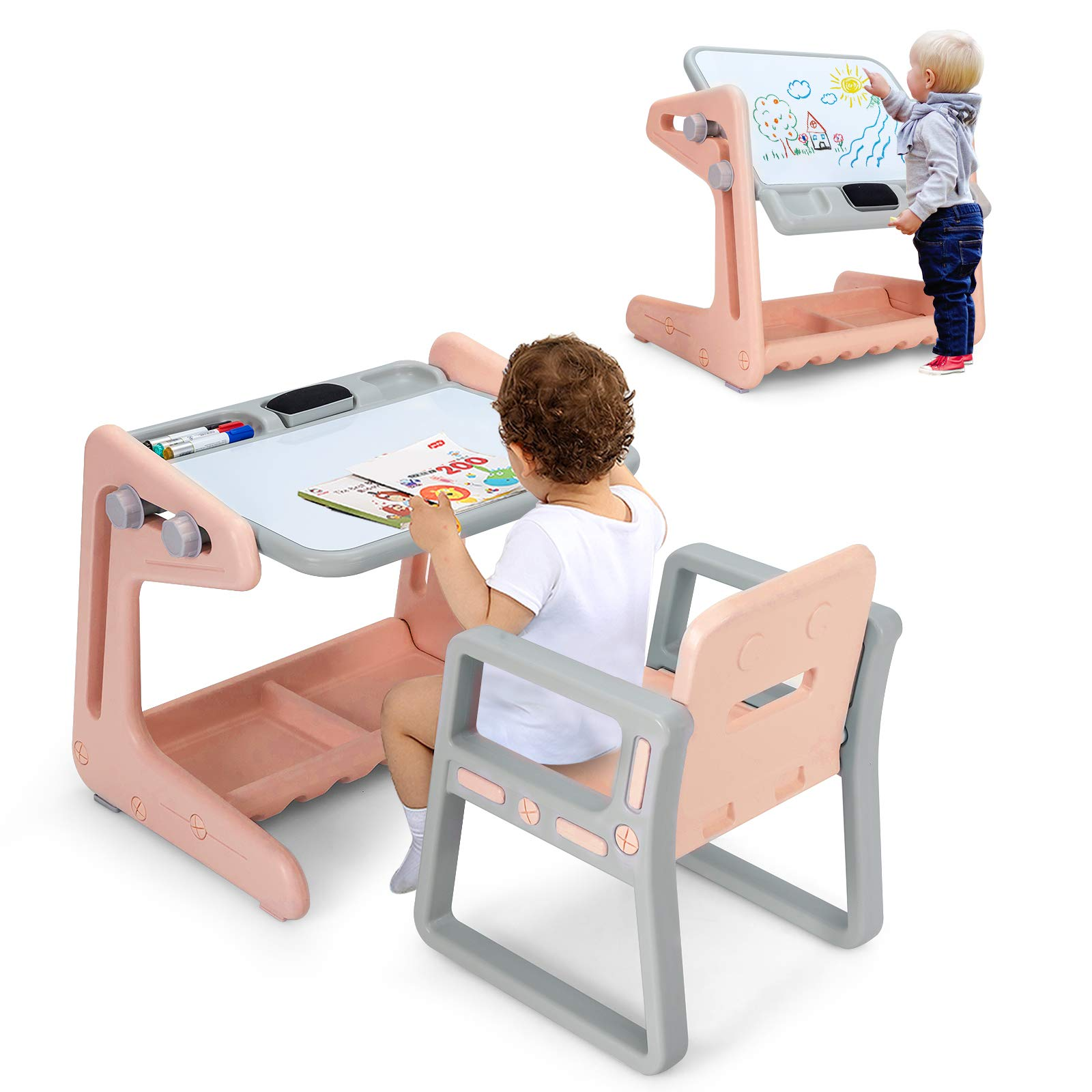 Costzon 2 in 1 Kids Table & Chair, Art Easel w/ Adjustable Magnetic Painting Board