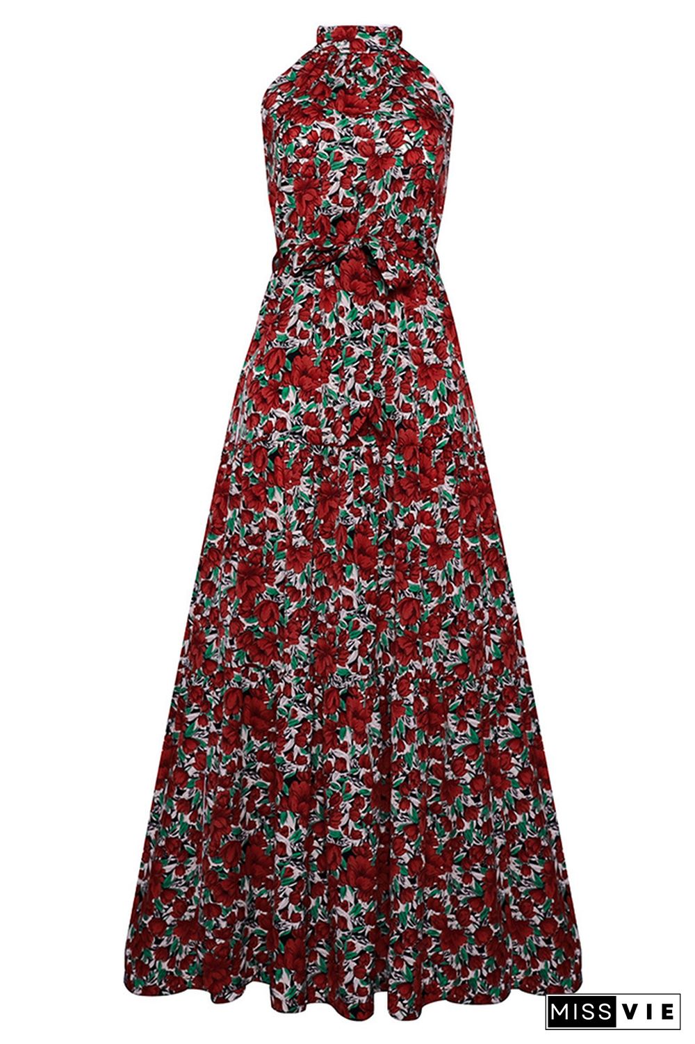 Halter Polka Dot Print Tie Waist Maxi Dress Wholesale