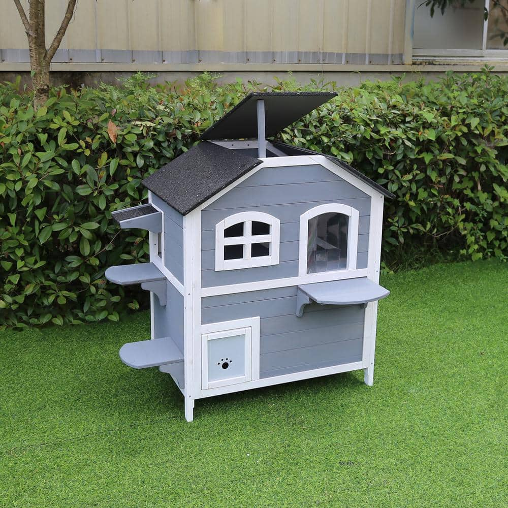 Hanover Outdoor Cat House with 2-Levels, Waterproof Roof, Escape Doors and Ledge Seating HANCH0101-WG