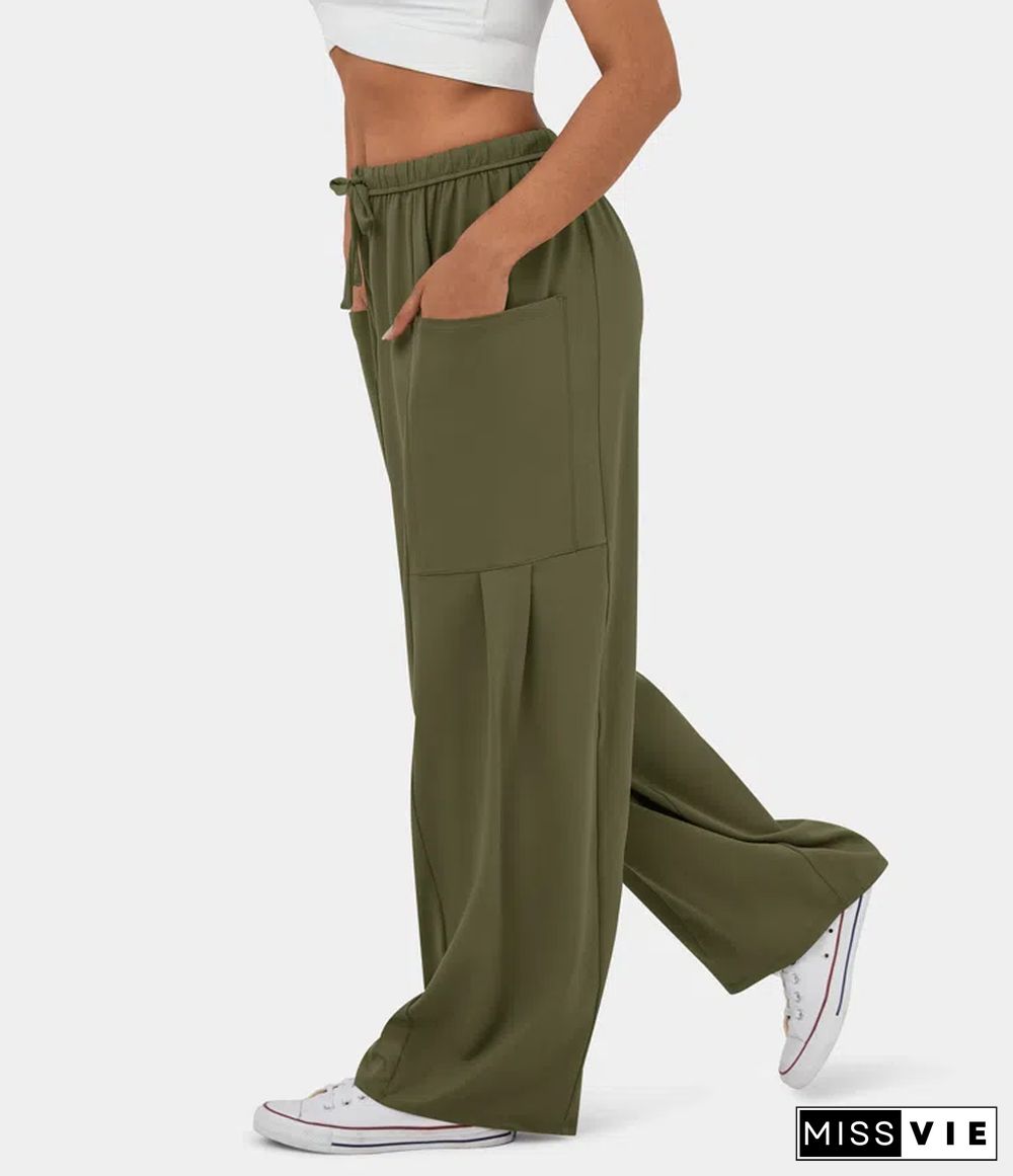 Mid Rise Elastic Waistband Drawstring Side Pocket Palazzo Flowy Wide Leg Casual Pants