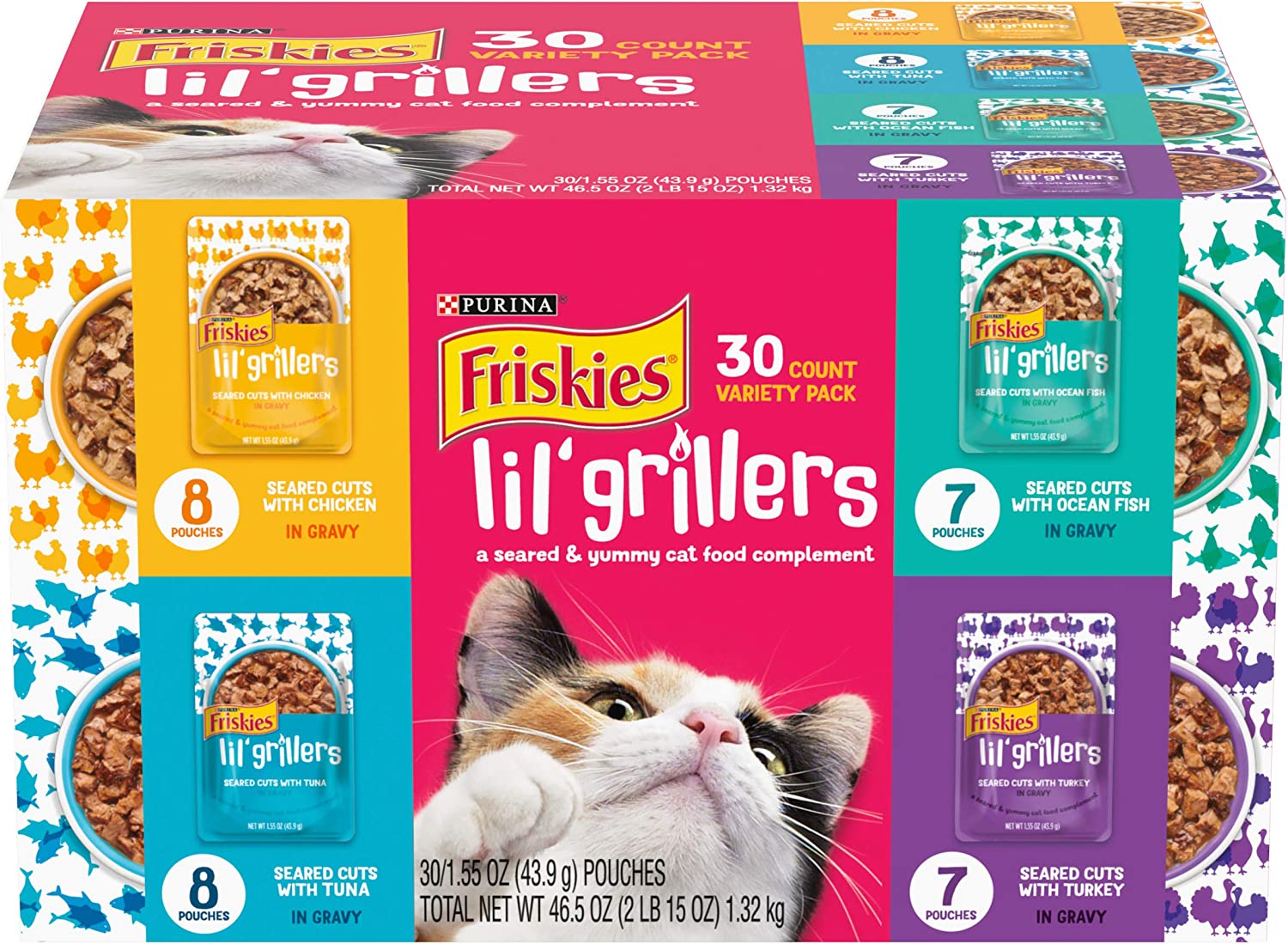 Purina Friskies Gravy Wet Cat Food Complement Variety Pack Lil' Grillers Chicken， Turkey， Ocean Fish and Tuna - (30) 1.55 oz. Pouches