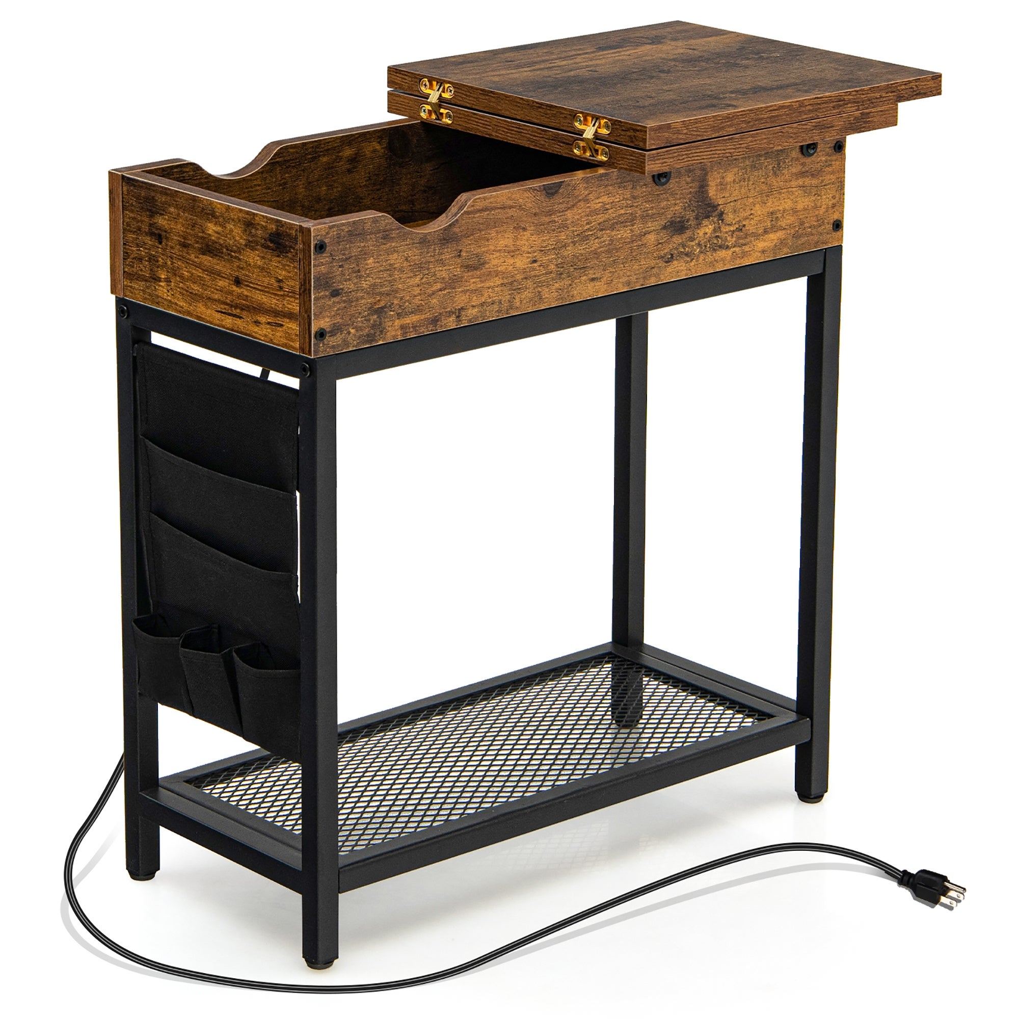 Gymax End Table with Charging Station Industrial Nightstand Flip Top