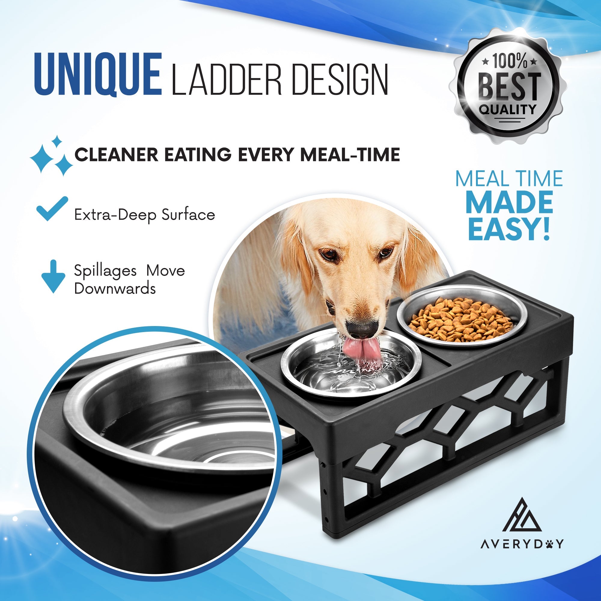 AVERYDAY Large Elevated Dog Bowls Holder with 2 Water Bowls, 4 Heights 2.9" 8.8" 10.7" 12.7" Dog Feeding Station, Adjustable Tall Raised Dog Food Bowls Stand for Medium Large Size Dog