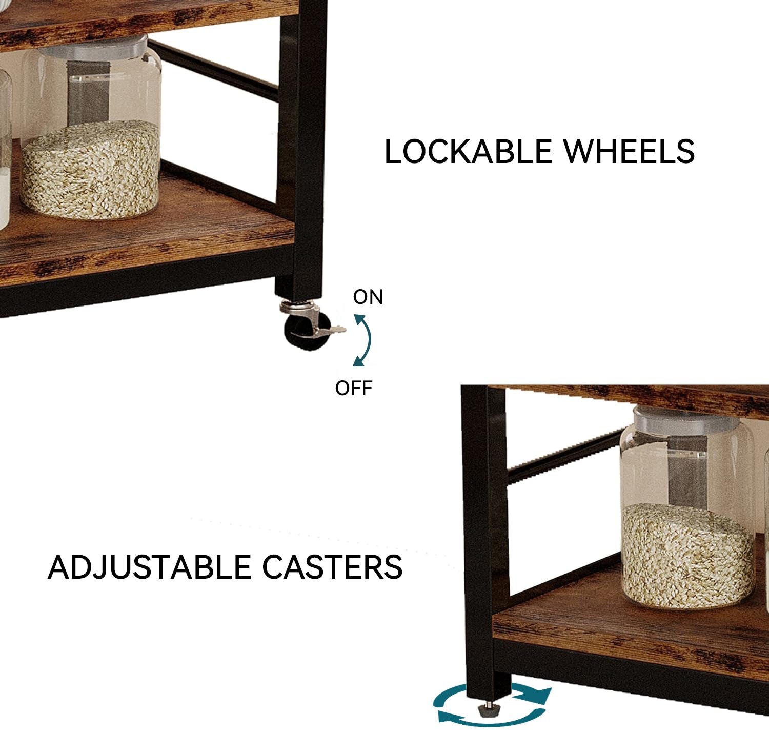 Bakers Rack Microwave Stand Coffee Station Kitchen Storage with Power Outlets, Wheels & Feet, Cabinets, and 10 S-Hooks