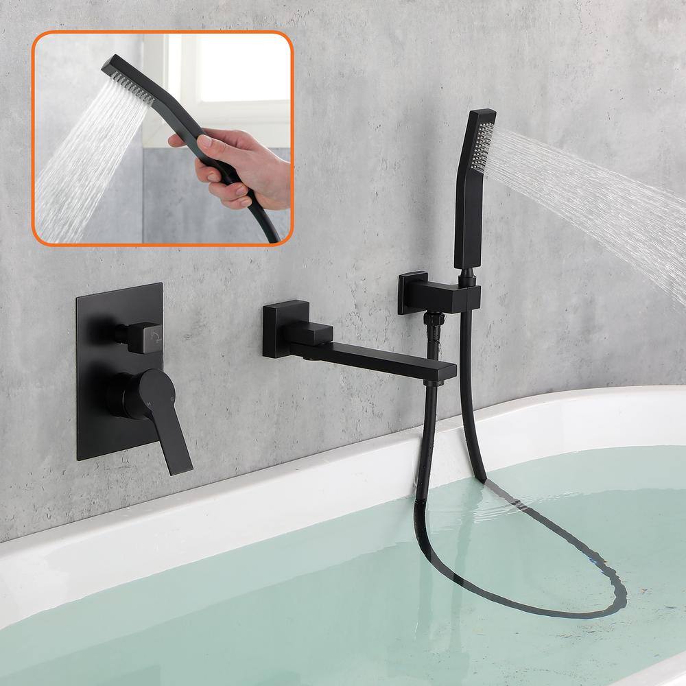 Miscool Oberlin Single-Handle Wall Mount Roman Tub Faucet with Swivel Tub Spout and Hand Shower in Matte Black SHSMDH10C030MBH