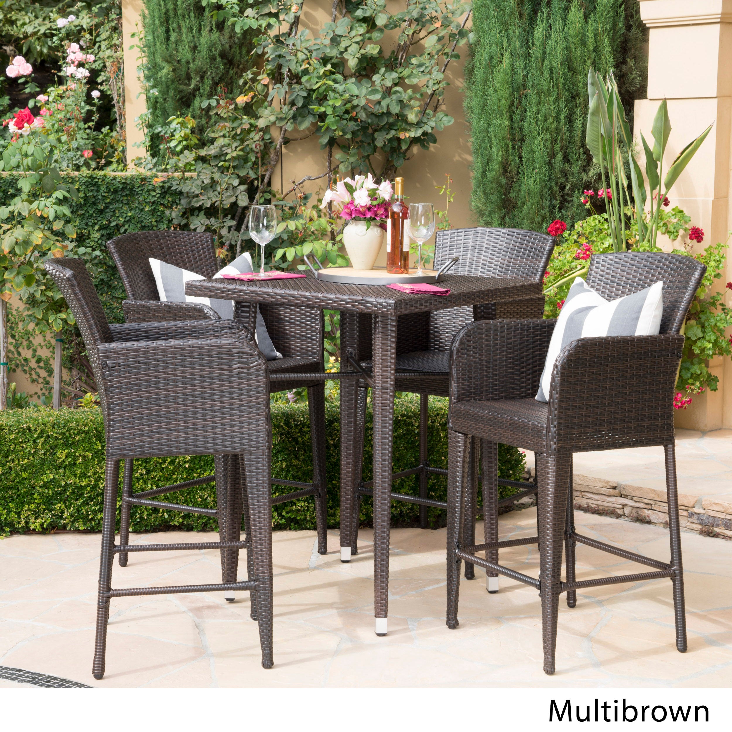 Landan Outdoor 5 Piece Multi-brown Wicker Square Bar Table Set