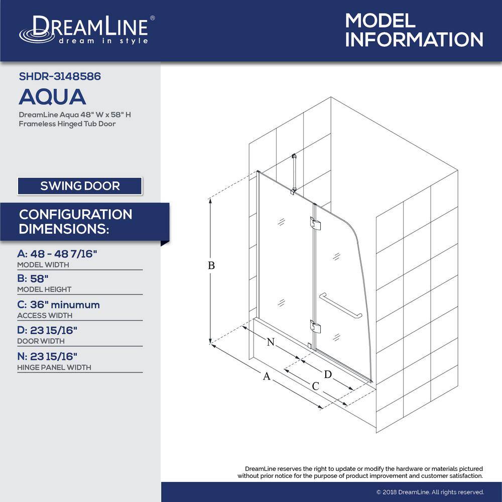 DreamLine Aqua 48 in. x 58 in. Semi-Frameless Hinged Tub Door in Brushed Nickel SHDR-3148586-04