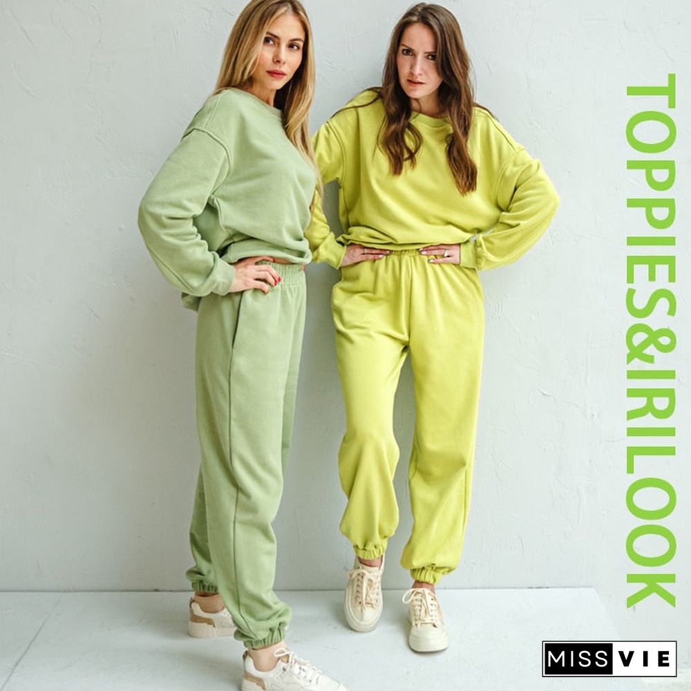 Toppies Casual Oversized Two Piece set woman Suit Female Tracksuit Pant O-neck Sweatshirts White Sweatpants