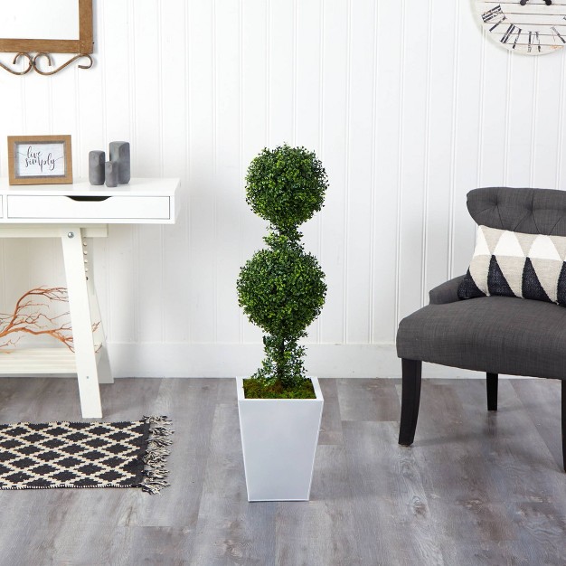 Indoor outdoor Boxwood Double Ball Topiary Artificial Tree In Metal Planter White green Nearly Natural