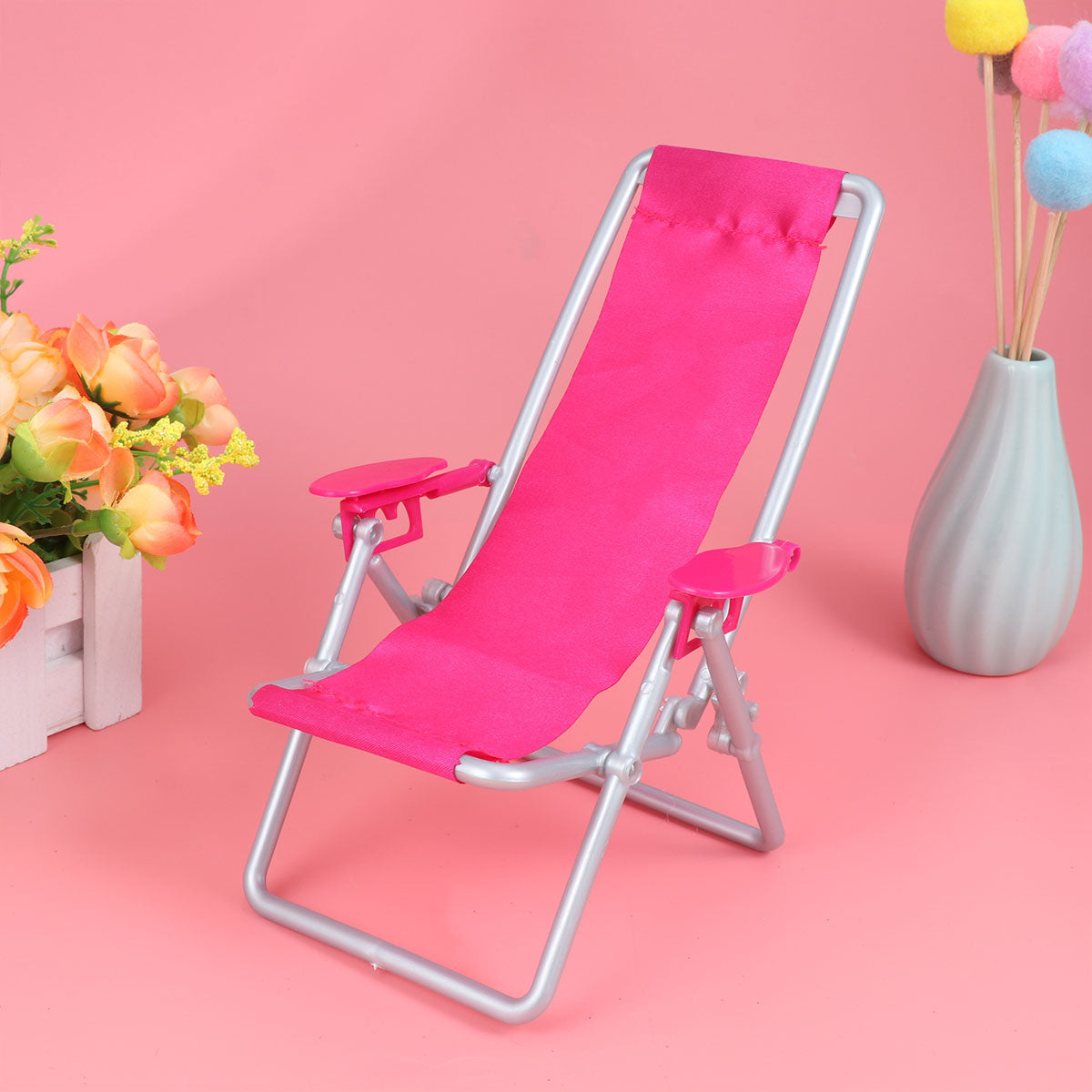 Etereauty Mini Deck Chair Oxford Cloth Small Simulation Adjustable Folding Beach Chair for Home Model Doll House Accessories