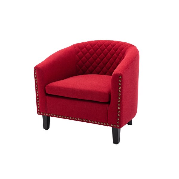 Modern Accent Barrel Chair with Nailheads， Wood Legs and Chrome Nailhead Trim， Living Room Chair with Curved Edges， Red