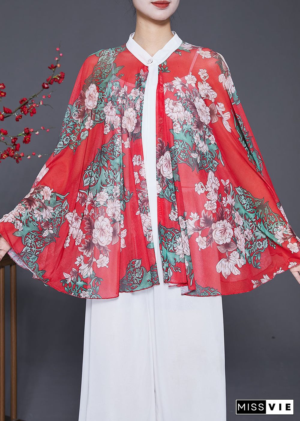 Art Red Oversized Print Chiffon Shirt Batwing Sleeve