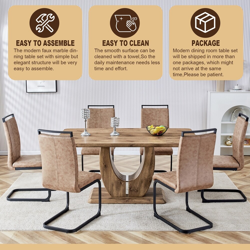 Rectangular 5 Piece Marble Dining Table Set with PU Leather Chairs