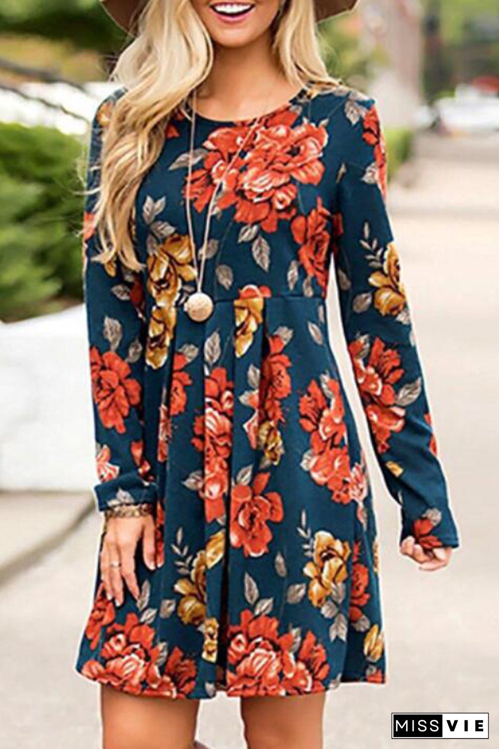 Blue Floral Pleated Long Sleeves Dress