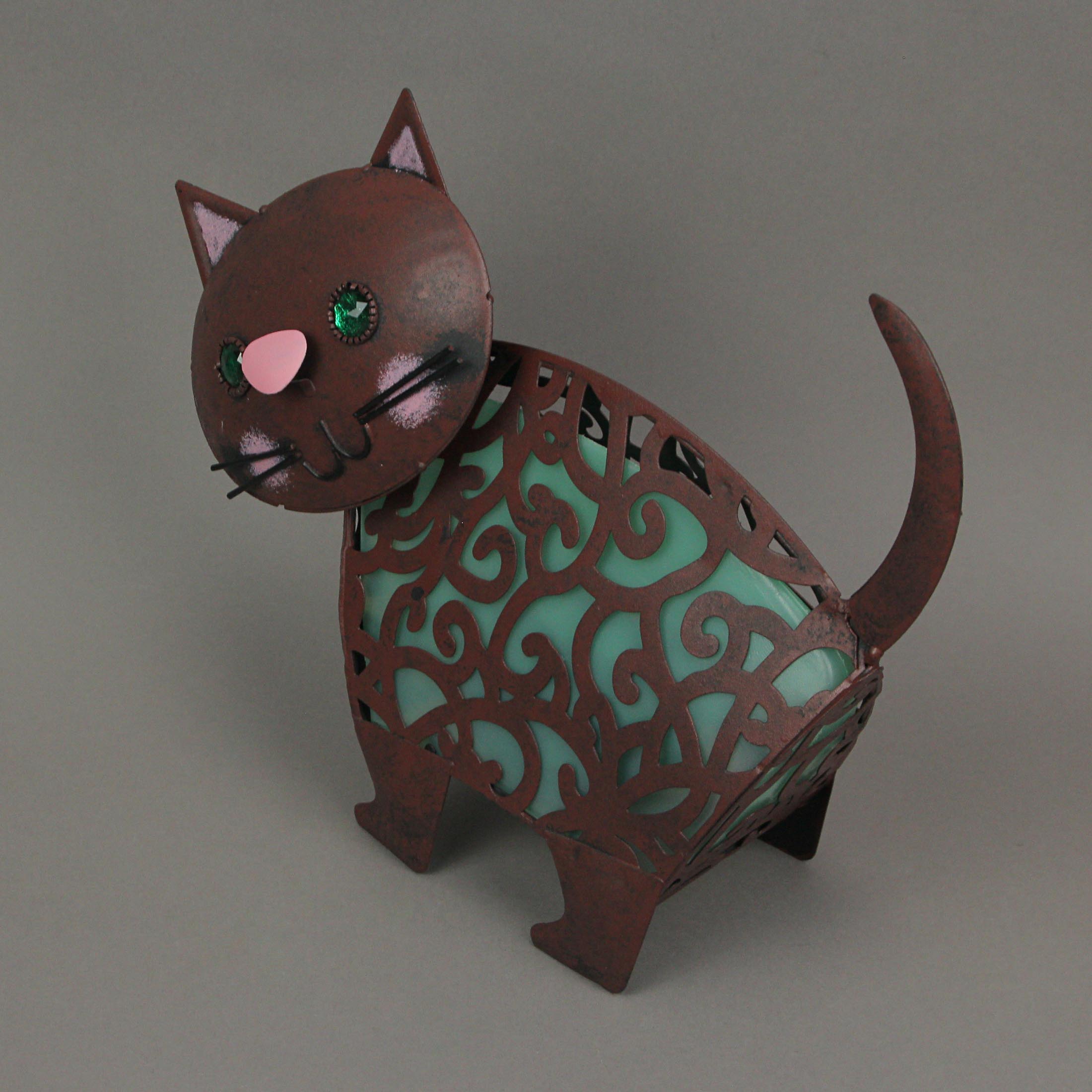 Things2Die4 Adorable Brown Metal Kitty Cat Green LED Solar Garden Statue Accent Light Patio Decor Sculpture - Green - Size 10.5 Inch