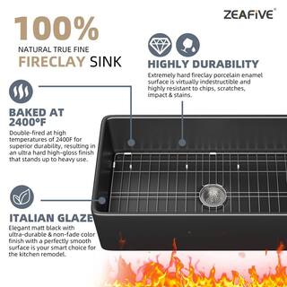 Zeafive 33 in. Fireclay Farmhouse Apron Front Single Bowl Kitchen Sink Matte Black With Bottom Grid and Strainer ZFC3318-B2