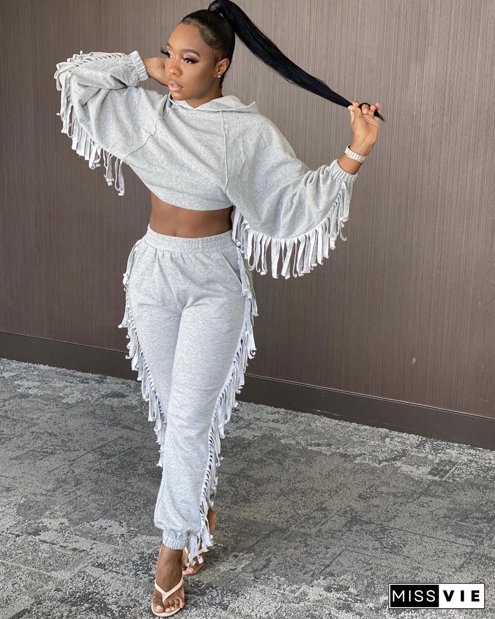 Solid Tassel Hooded Crop Top Sweatpants Set