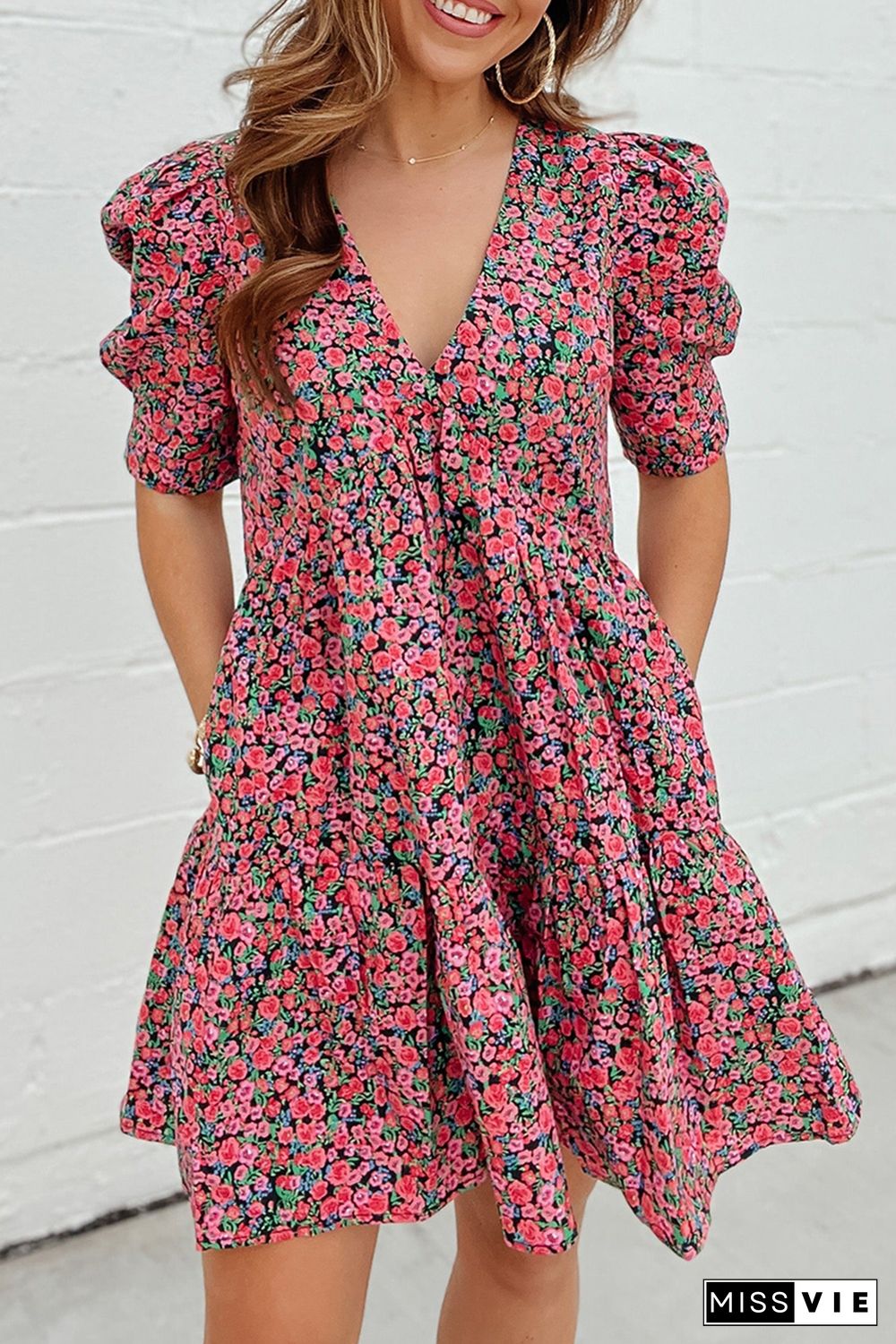 Red Vintage Puff Sleeve Side Pockets Floral Dress