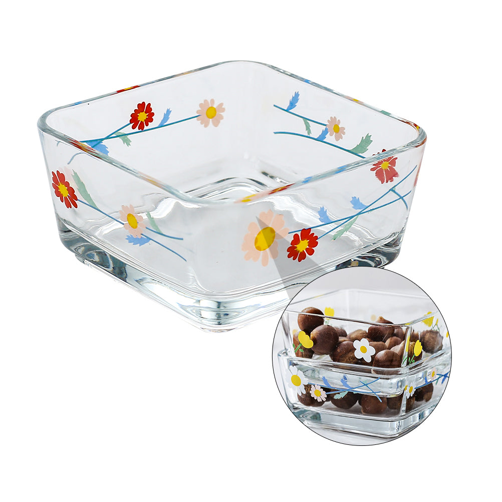 4Pcs Daisy Pattern Glass Bowl Fruits Salad Dessert Bowl Square Bowl