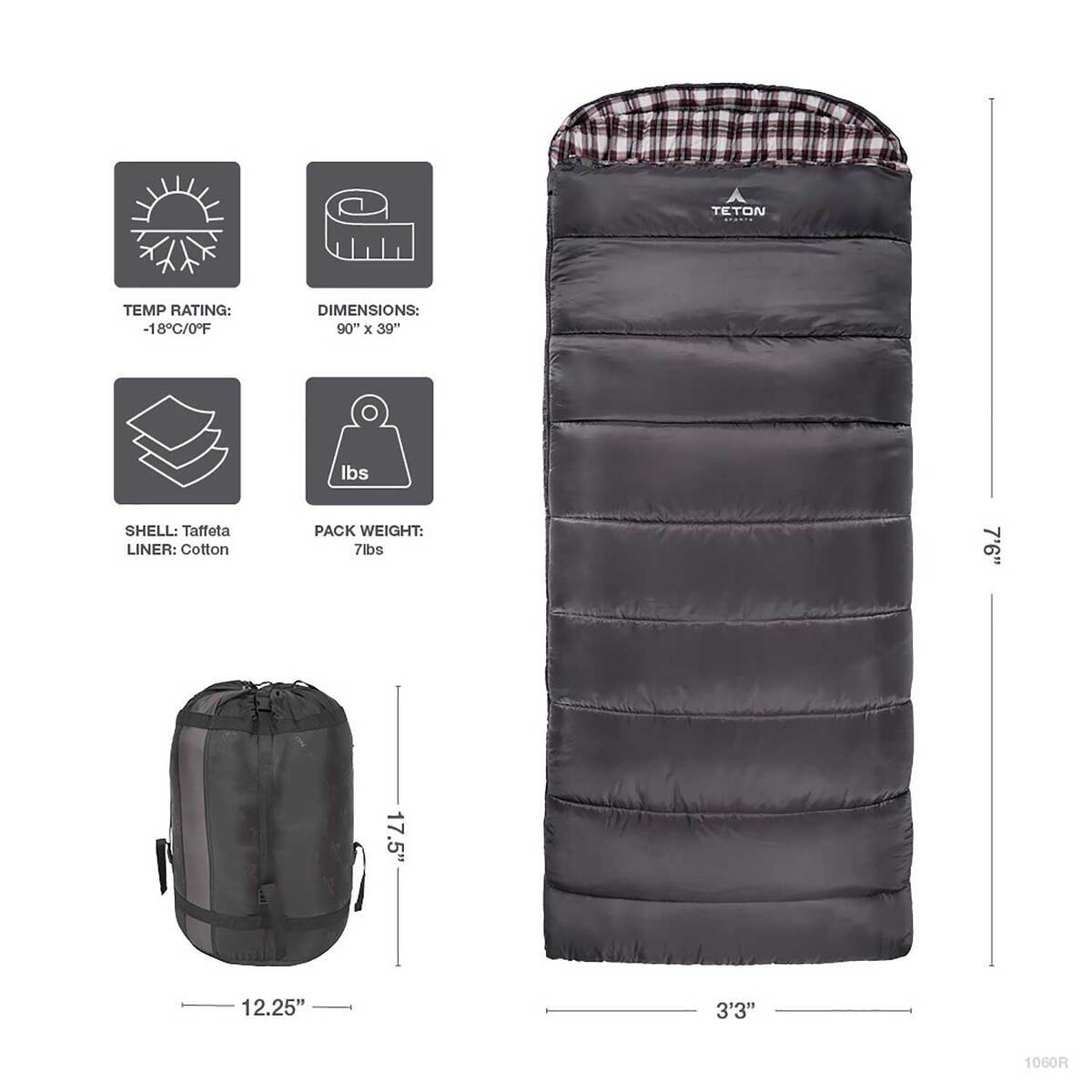 TETON Sports Fahrenheit XXL 0 Degree Oversized Rectangular Sleeping Bag  Grey