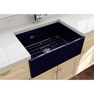 BOCCHI Contempo FarmhouseApron-Front Fireclay 27 in. Single Bowl Kitchen Sink with Bottom Grid and Strainer in Sapphire Blue 1356-010-0120