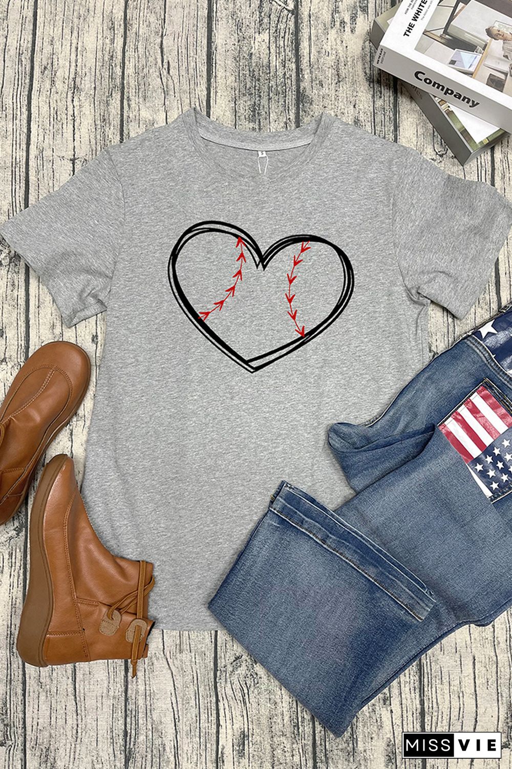 BASEBALL HEART Print Short Sleeve Graphic Tee Wholesale