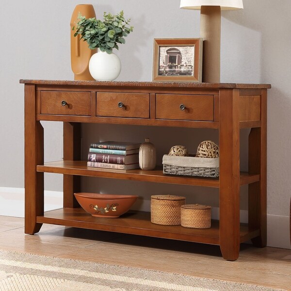 Solid Pine Wood Console Table Cabinet， Classic Vintage Design Entryway Side Table with 3 Storage Drawers and 2 Shelves