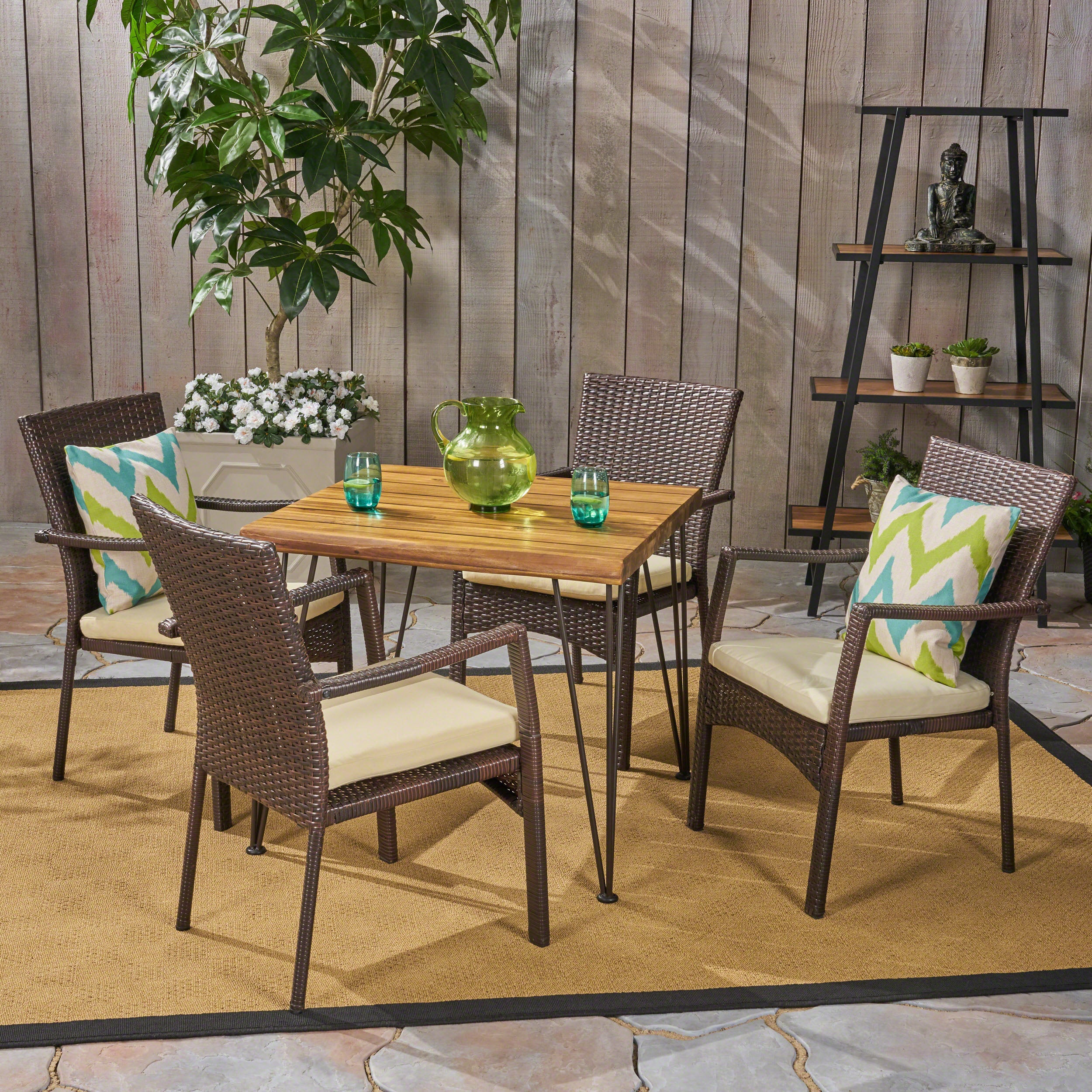 Archie Outdoor Industrial Wood and Wicker 5 Piece Square Dining Set, Teak and Brown and Crème