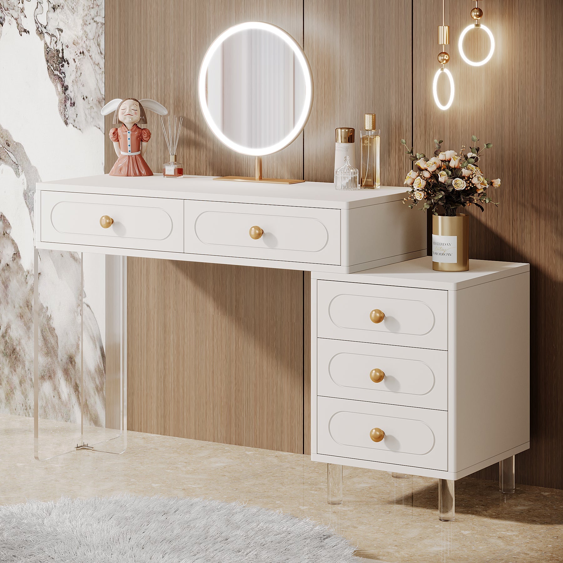 Extendable Makeup Vanity with 5-Drawer and Acrylic Base and Legs(Without Mirror)