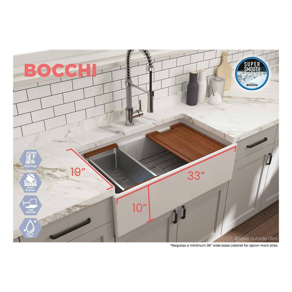 BOCCHI Step-Rim White Fireclay 33 in. Single Bowl Farmhouse Apron Front Workstation Kitchen Sink with Accessories 1504-001-0120