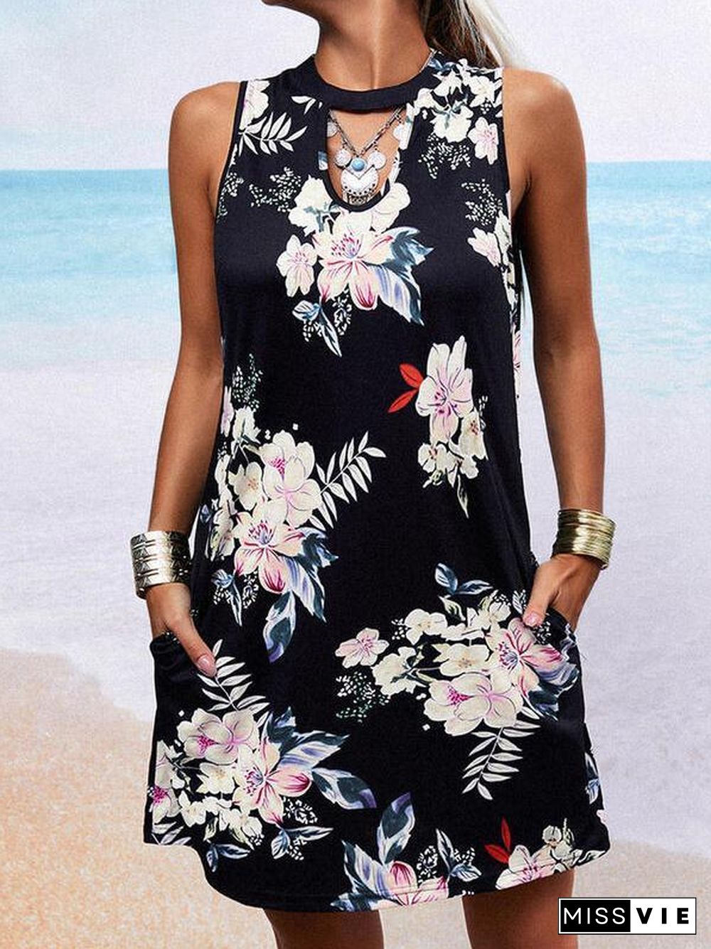 Women's Scoop Neck Sleeveless Printed Midi Dress