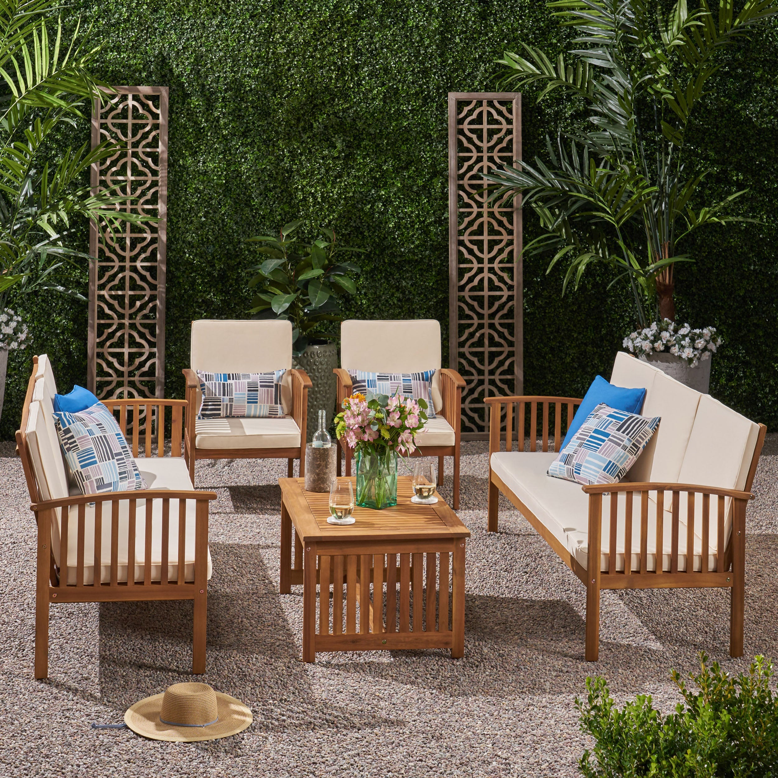 Fanny Outdoor 5 Piece Acacia Wood Sofa Conversational Set