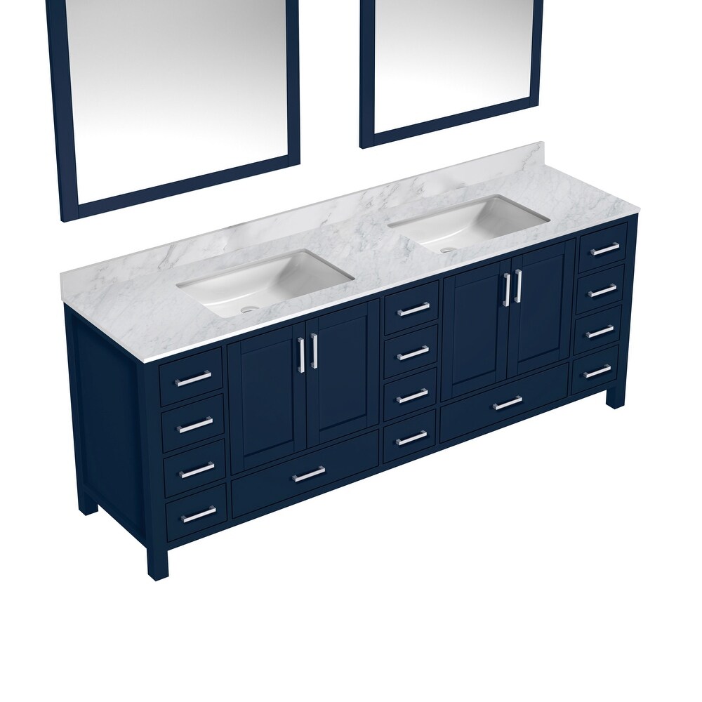 Jacques 84 in. W x 22 in. D Navy Blue Double Bath Vanity  Carrara Marble Top  and 34 in. Mirrors