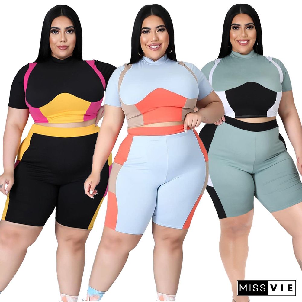 Women Plus Size Set Patchwork Short Sleeve Crop Tops Stretchy Shorts Tracksuit Summer Two Piece Outfits