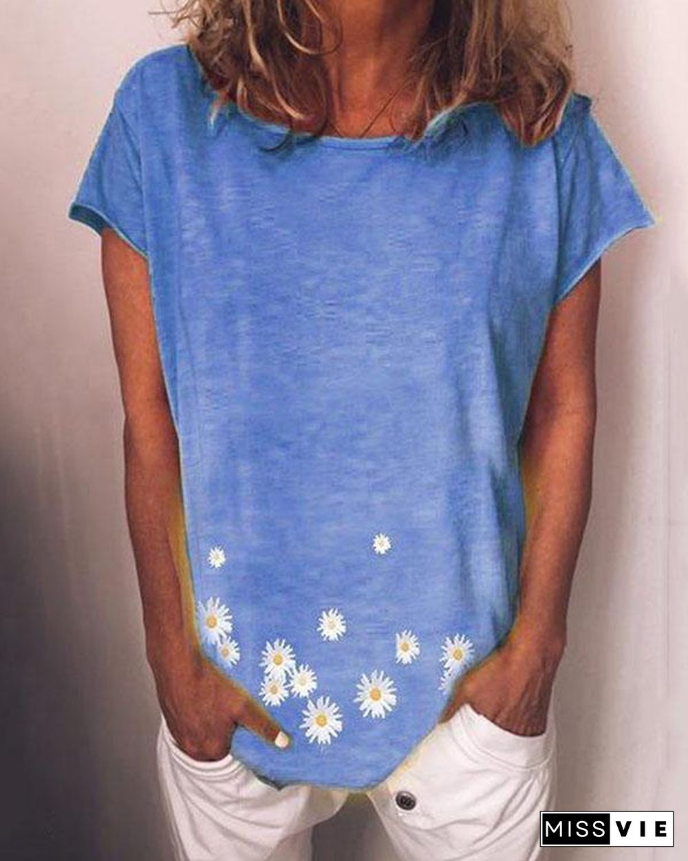 Daisy Printed T-shirts Short Sleeves Tops