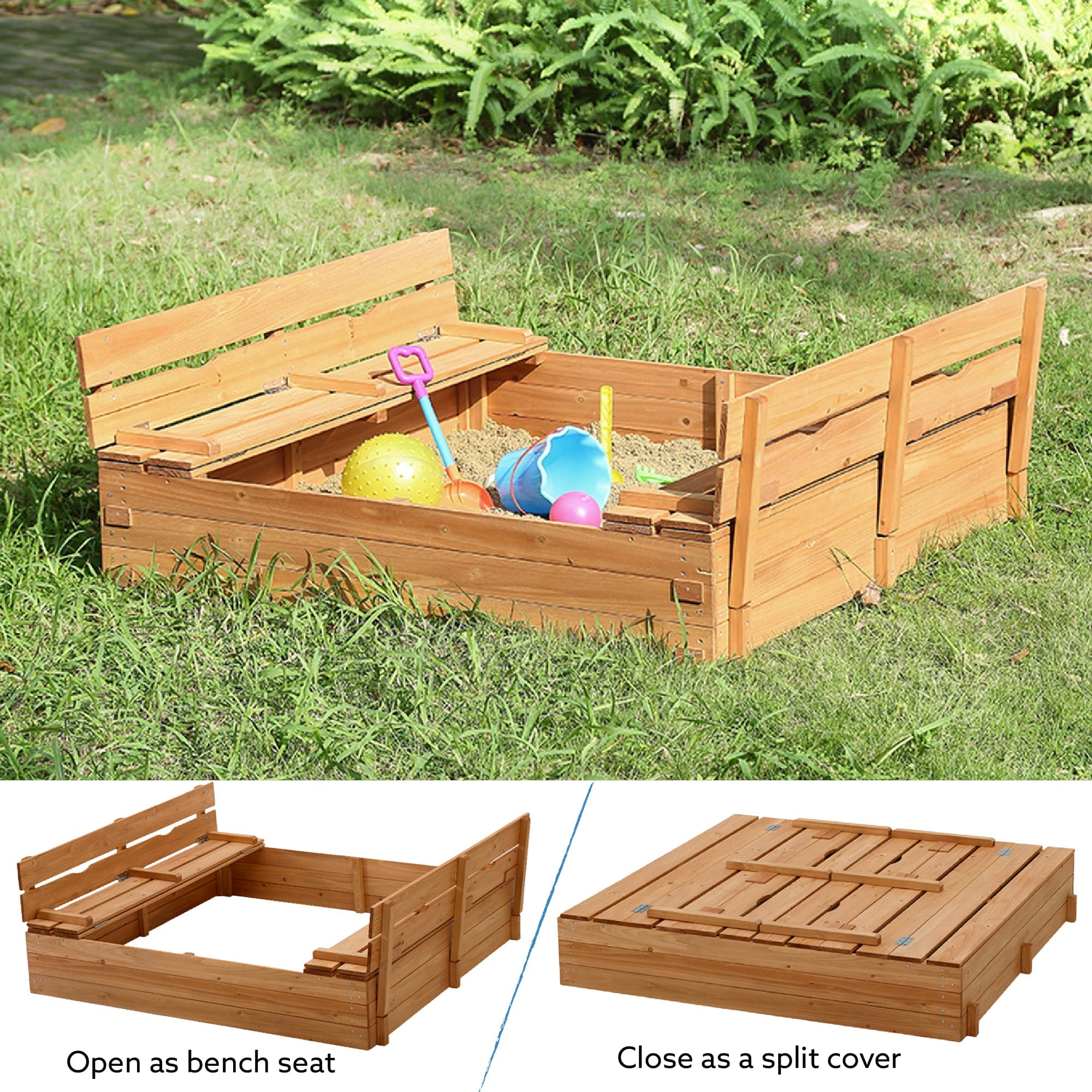 Kids Sandbox with Lid Sand Box for Kids Outdoor with Lid Cedar Wooden Sand Pit Box for Kids with 2 Foldable Bench Seats 4 ft x 4 ft Sand Boxes for Kids Outdoor with Lid Sandbox Toys for 2-8 Years